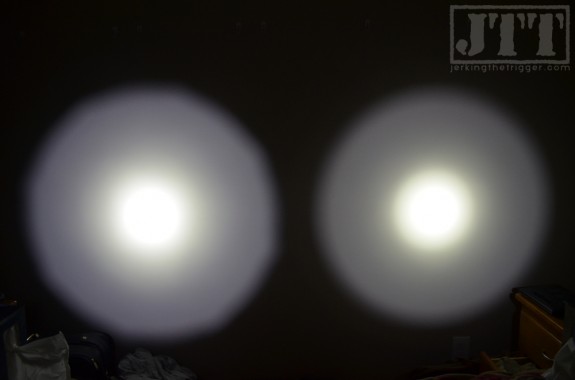 The SL1 and 200 lumen INFORCE WML have similar beam profiles though the SL1 is wider and brighter (SL1 on left, WML on right).