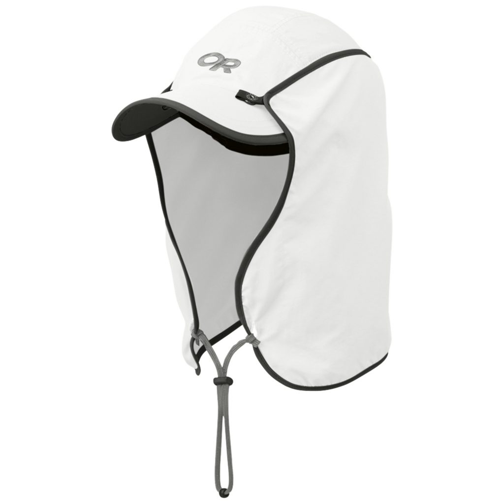 Cappello Outdoor Research Sun Runner: Bianco Con Mantellina UPF 40+ Rimovibile, Taglia X-Large